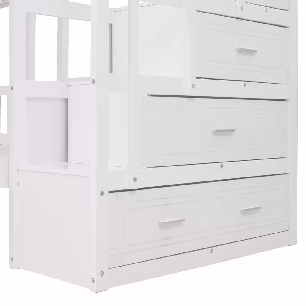 Harper & Bright Designs White Full over Twin & Twin Bunk Bed with Six Drawers and Guardrails