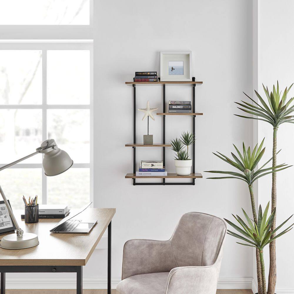 DANYA B Rhodes 34.5 in. 4-Tier Windowsill Wall Shelf with Black Metal Frame and Light Walnut MDF Shelves