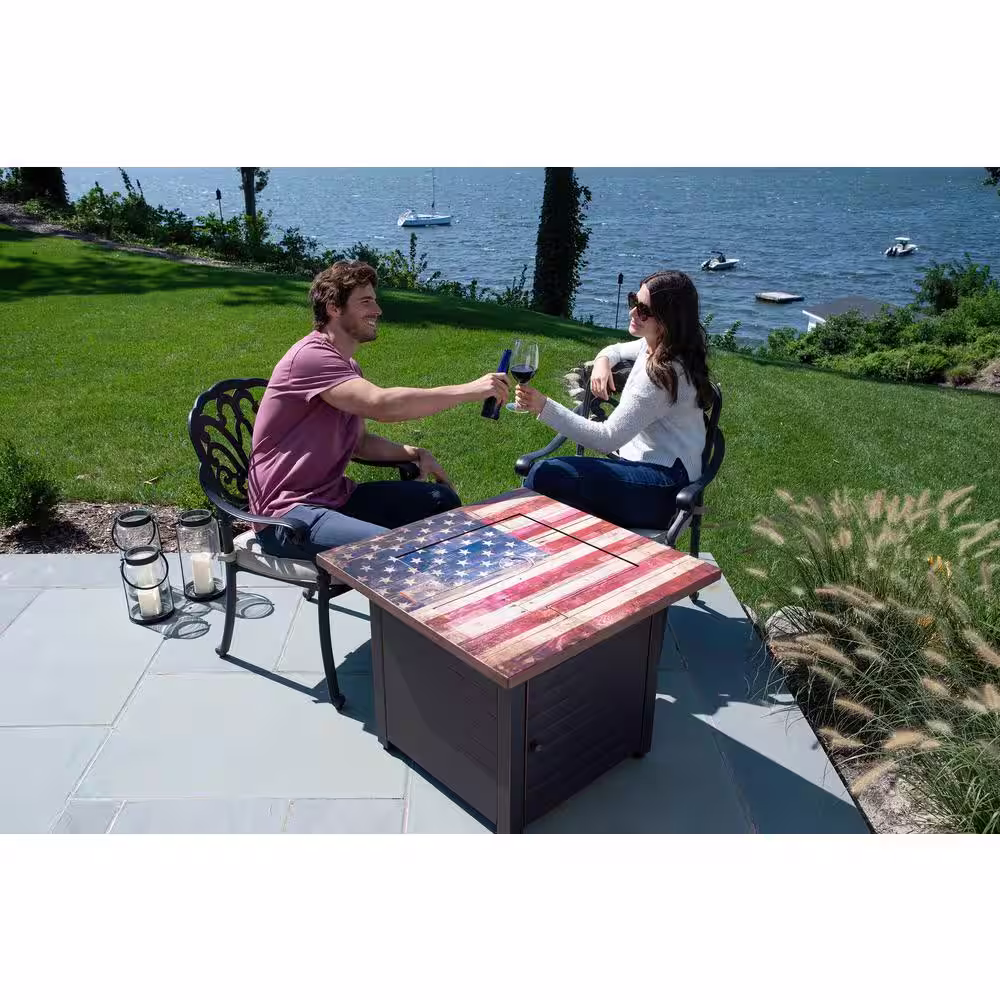 Endless Summer Liberty 30 in. W x 30 in. H Square Steel Frame and UV Printed Rustic American Flag Cement Resin Mantel LP Gas Fire Pit