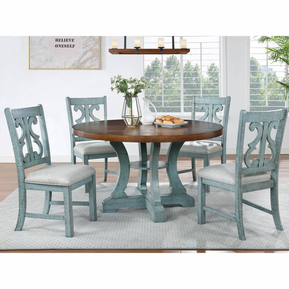 Furniture of America Wicks 54 in. Antique Light Blue and Dark Oak Wood Round Dining Table