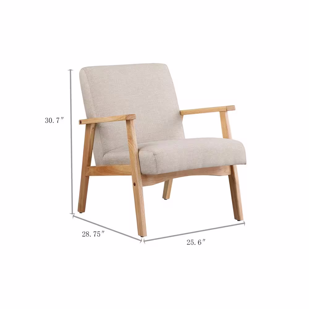 None Beige Mid Century Arm Chair with Wood Frames Linen Upholstered