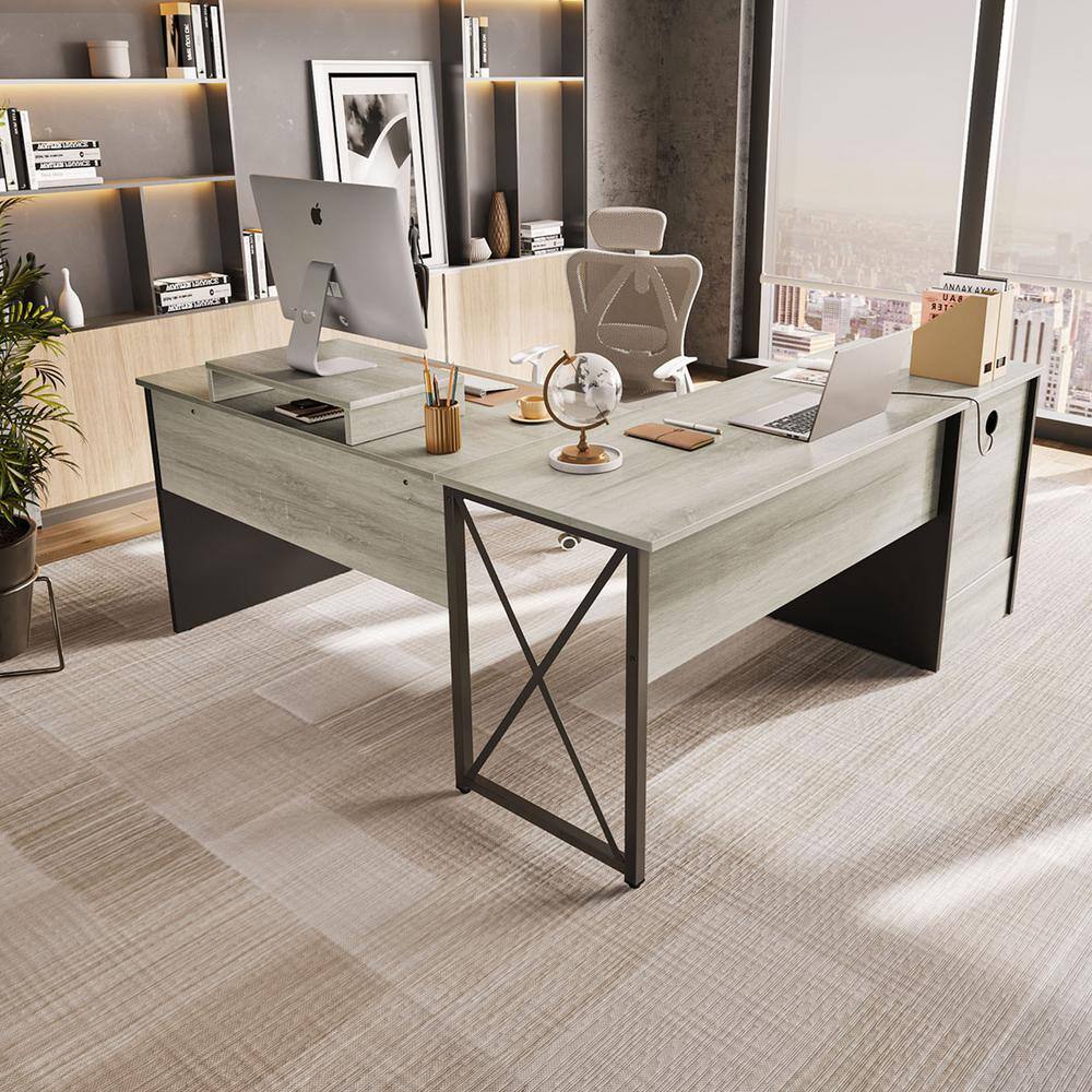 Bestier 55.7 in. Retro Grey Oak Light 2 Drawer L-Shaped Computer Desk with Lift-Top