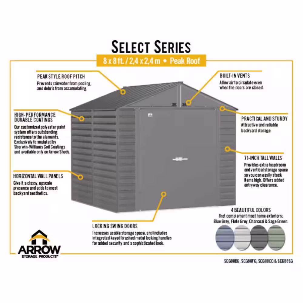 Arrow Select 8 ft. W x 8 ft. D Charcoal Metal Shed 59 sq. ft.