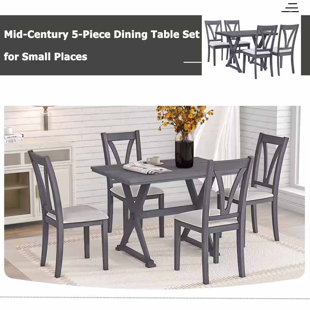 None 5-Piece Grey Wood Top Kitchen Dining Table Set Dining Room Table and 4-Upholstered Chairs