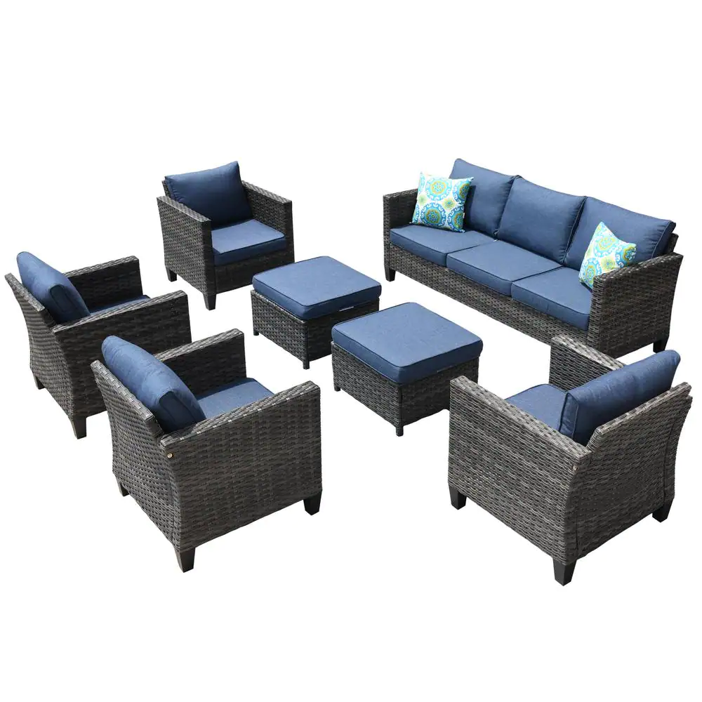 OVIOS New Vultros Gray 7-Piece Wicker Outdoor Patio Conversation Seating Set with Blue Cushions