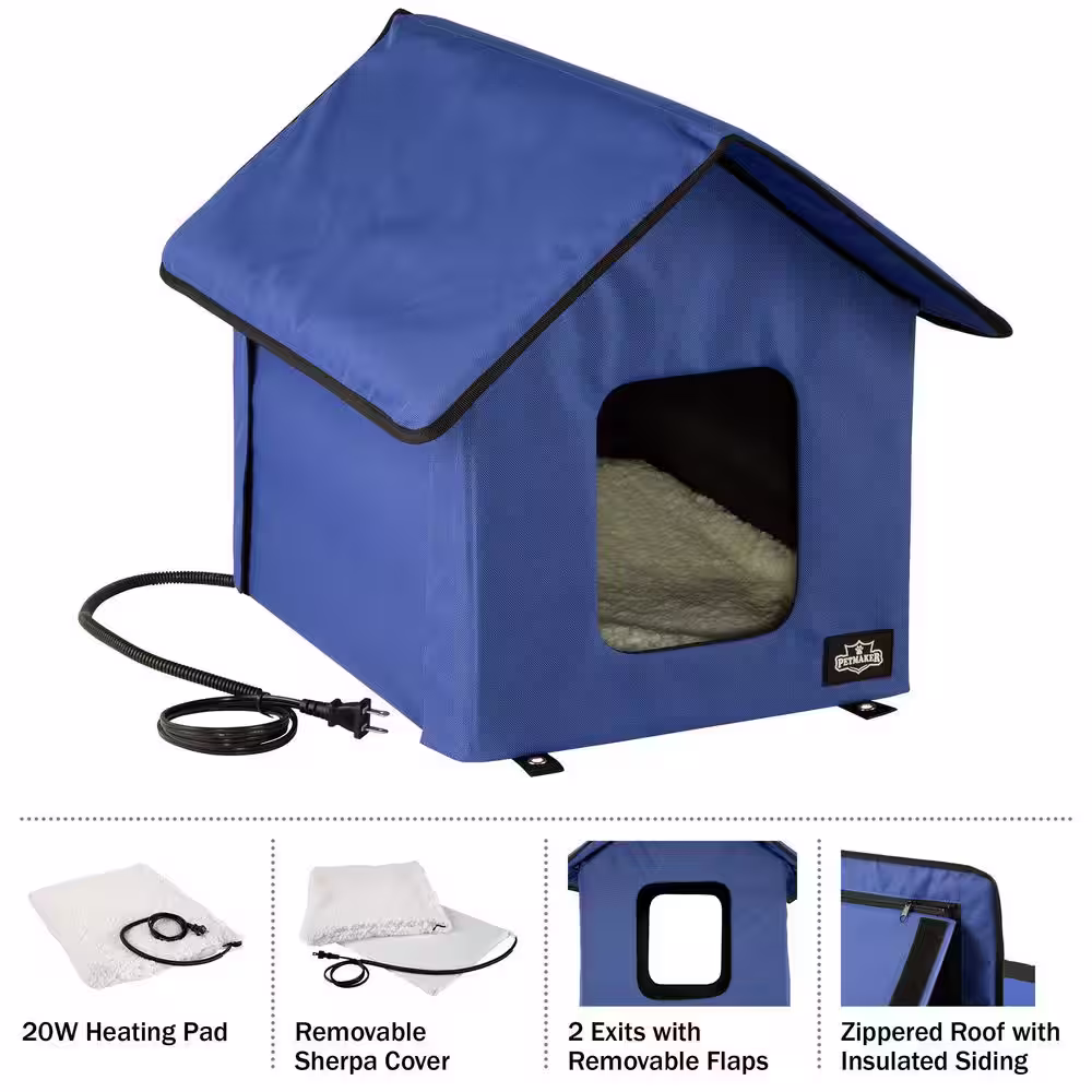 Petmaker Heated Cat House with Double-Door, Zippered Roof, Pet Heating Pad and Sherpa Cover, Blue