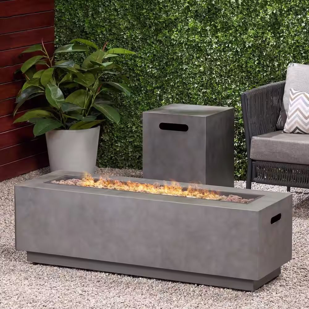 Noble House Wellington 15.25 in. x 19.75 in. Rectangular Concrete Propane Fire Pit in Dark Grey with Tank Holder