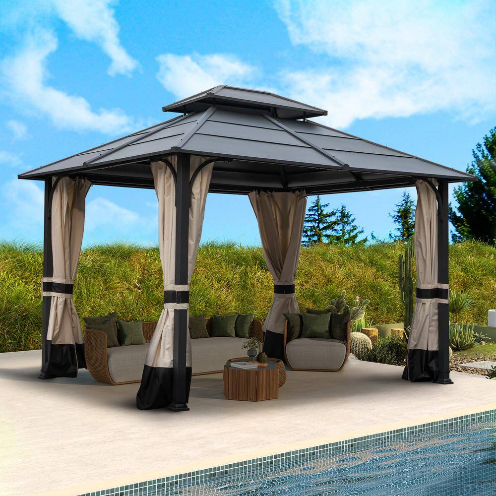 None 10 ft. x 12 ft. Double-Top Hardtop Gazebo Canopy Outdoor Iron Roof with Mosquito Net for Patio Garden