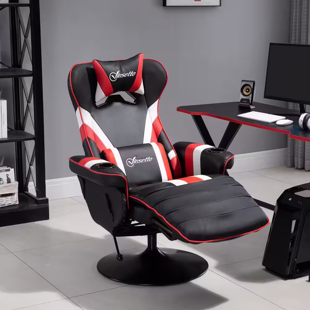 Vinsetto Modern Black/White/Red PVC Gaming Chair Racing Style Computer Reclining Chair with Lumbar Support