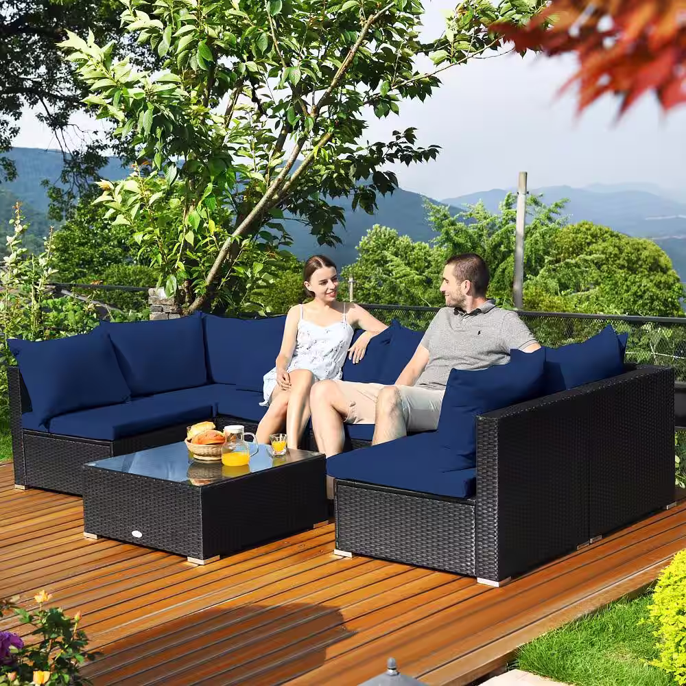 Costway 7-Piece Wicker Patio Conversation Set with Navy Cushions and Table