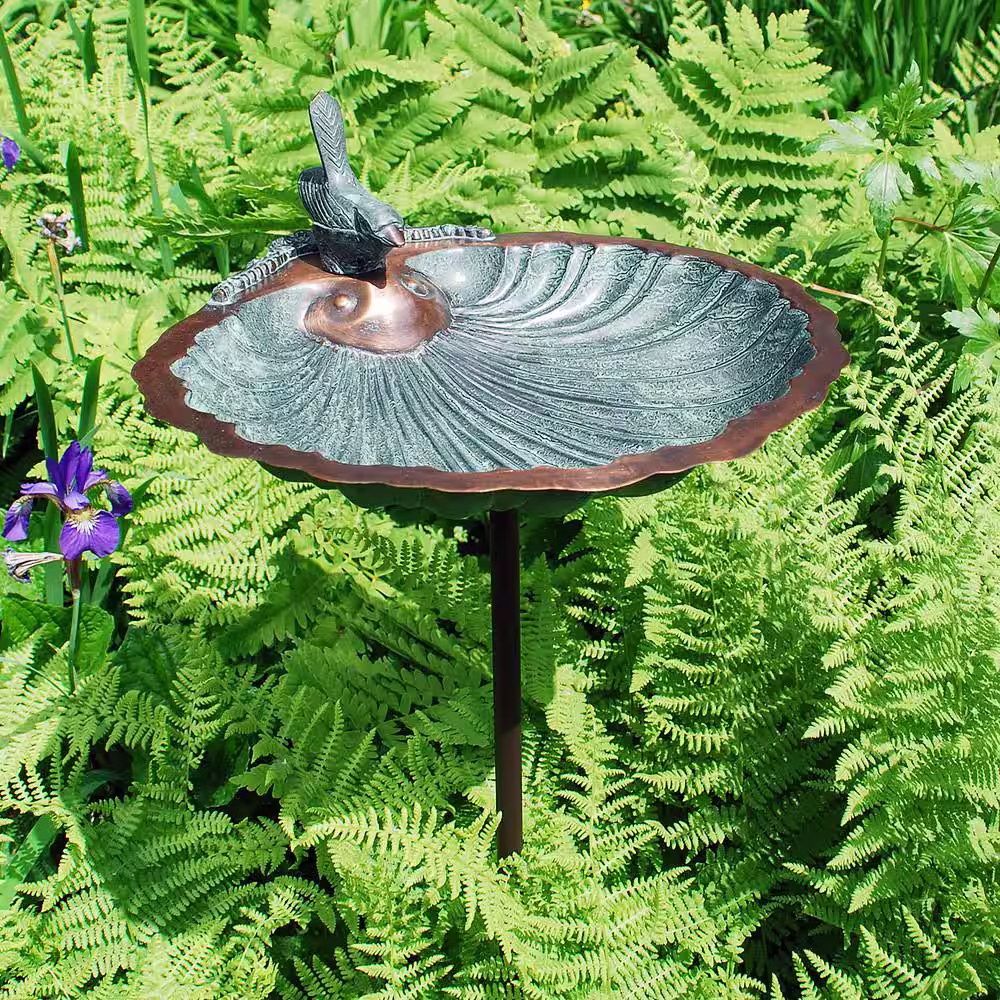 Achla Designs 11 in. Tall Antique Brass Plated Scallop Shell Birdbath and Feeder with Stake
