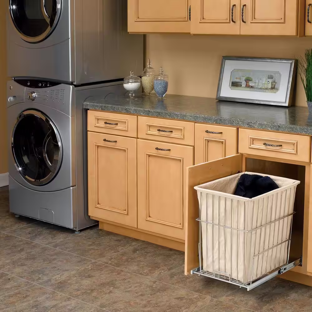 Rev-A-Shelf Chrome Metal Pullout Wire Clothes Hamper Basket with Liner and Mounting Hardware