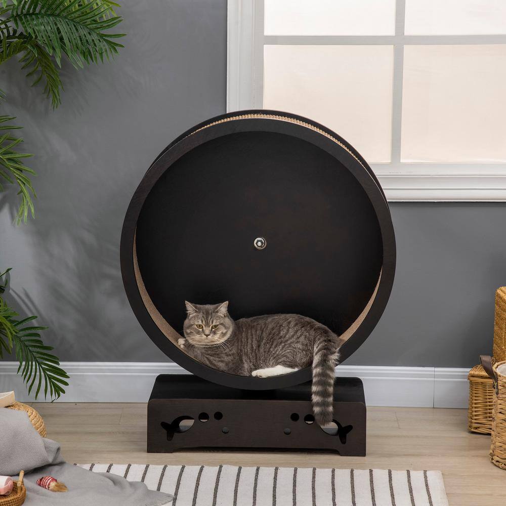 PawHut Small Brown Cats Wooden Round Cat Exercise Wheel, Cat Tree with Carpet Runway