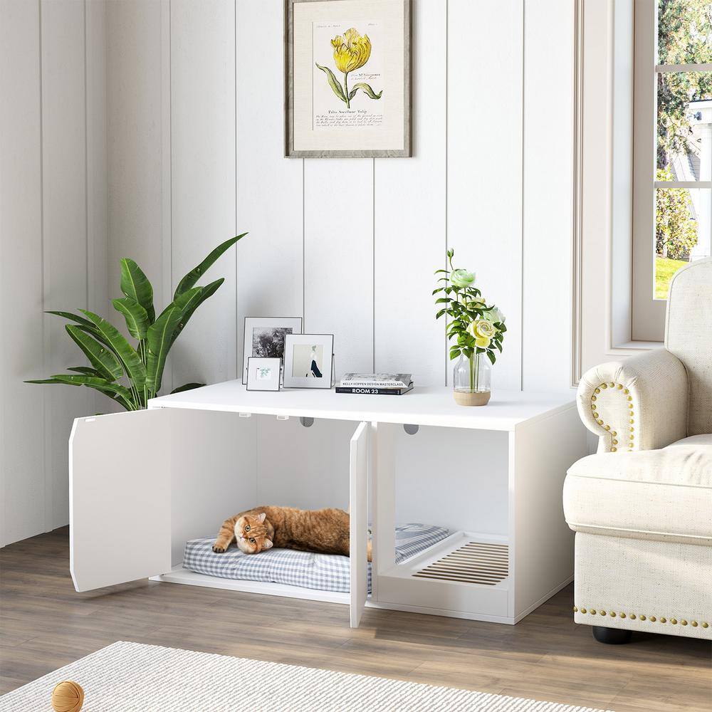 None Modern Cat Litter Box Enclosure Cabinet, Wood Large Stackable Cat Washroom Storage Cabinet with Litter Catch Box, White