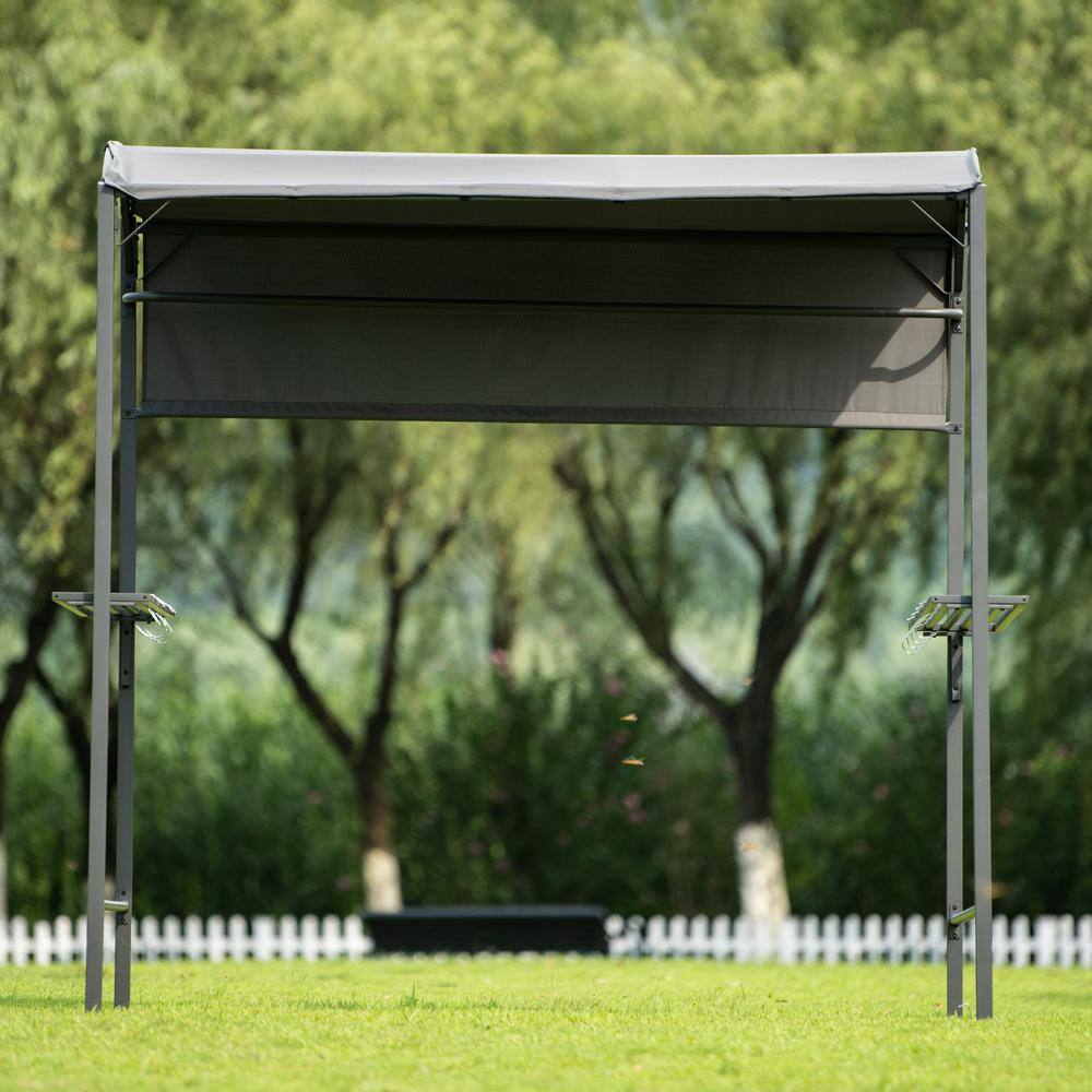 None 7 ft. x 4.6 ft. Gray Patio Grill Gazebo with Side Awning, Bar Counters and Hooks
