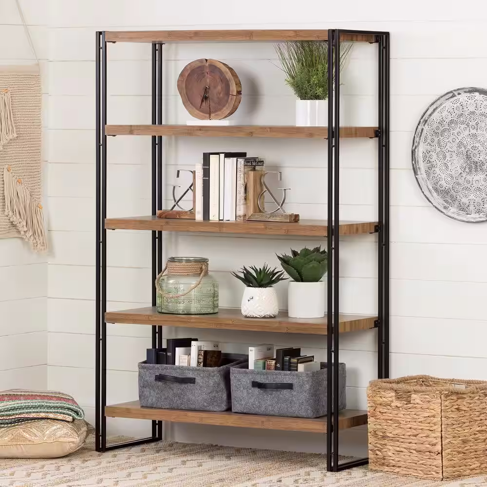 South Shore 61.5 in. Rustic Bamboo Metal 5-shelf Accent Bookcase with Open Back