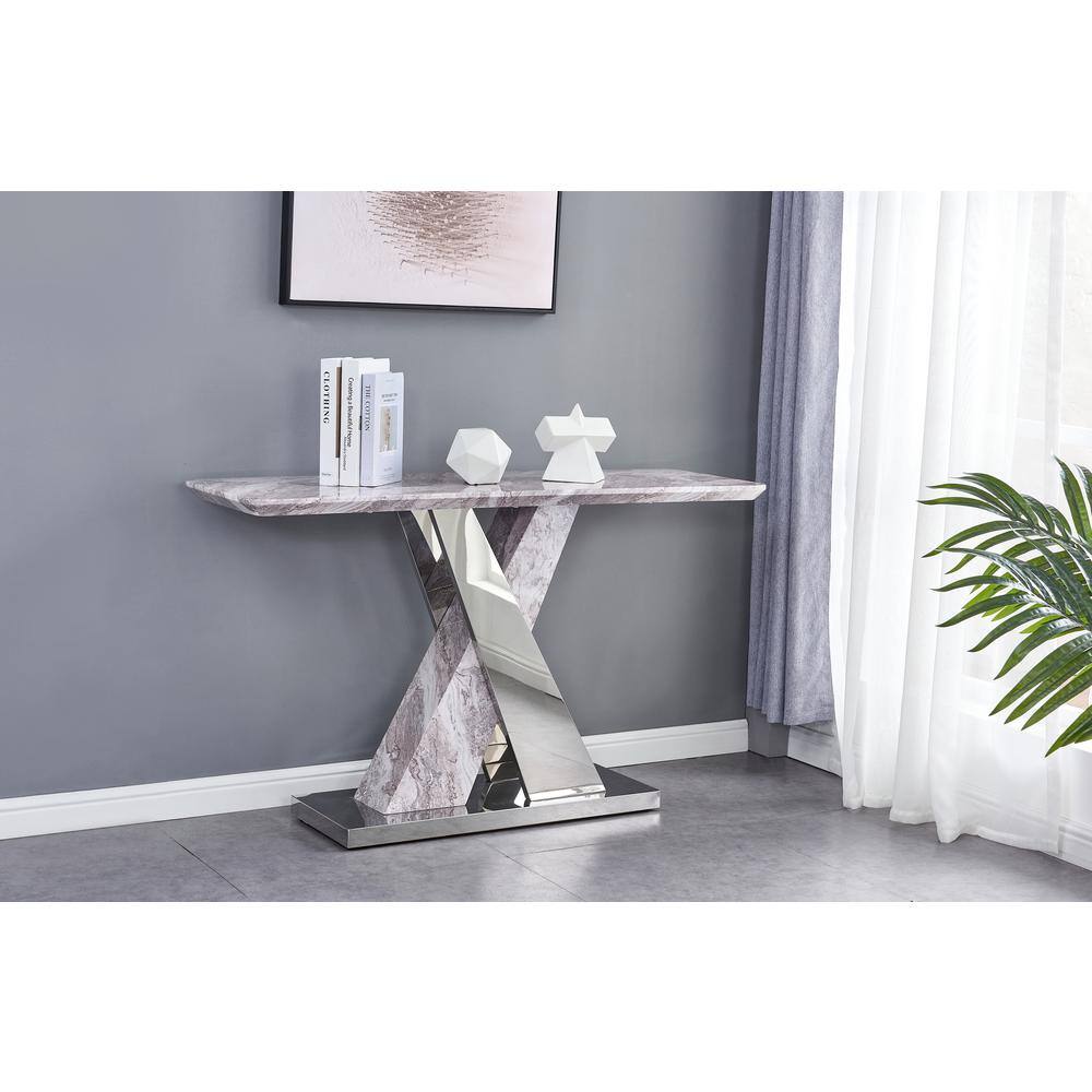 None Chuck 51 in. White Faux Marble Rectangle Top with Stainless Steel Base Console Table