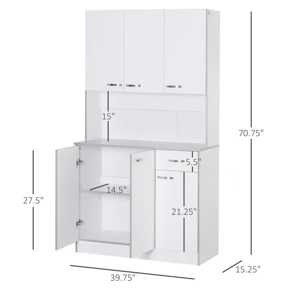 HOMCOM 71 in. White Freestanding Kitchen Cupboard with 3-Adjustable Shelves and 1-Drawer