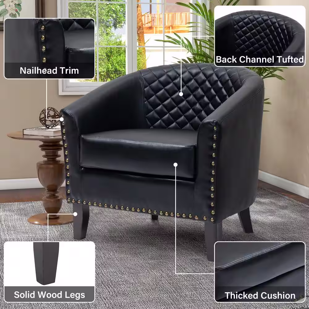 Uixe Mid-Century Black PU Leather Nailhead Trim Upholstered Accent Barrel Chair With Solid Wood Legs