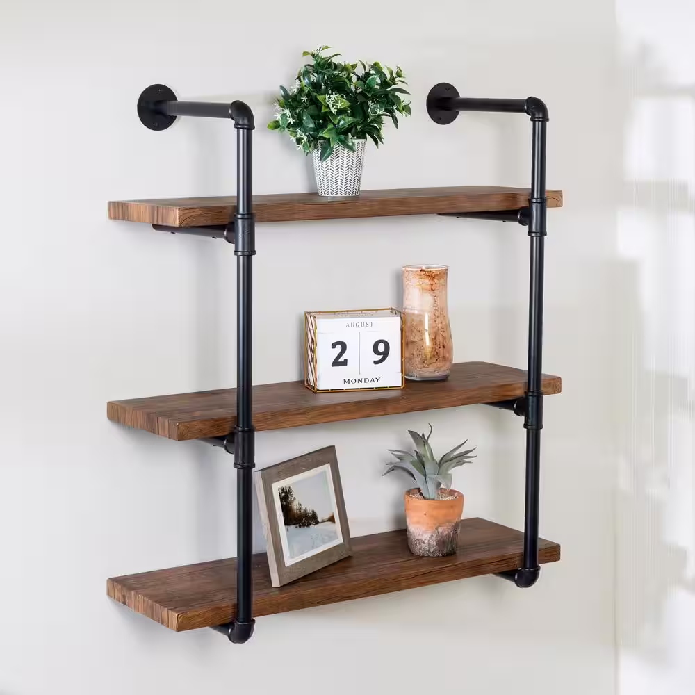 Honey-Can-Do 9 in. x 31.5 in. x 35.4 in. Black Steel and Wood 3-Tier Industrial Wall Shelf