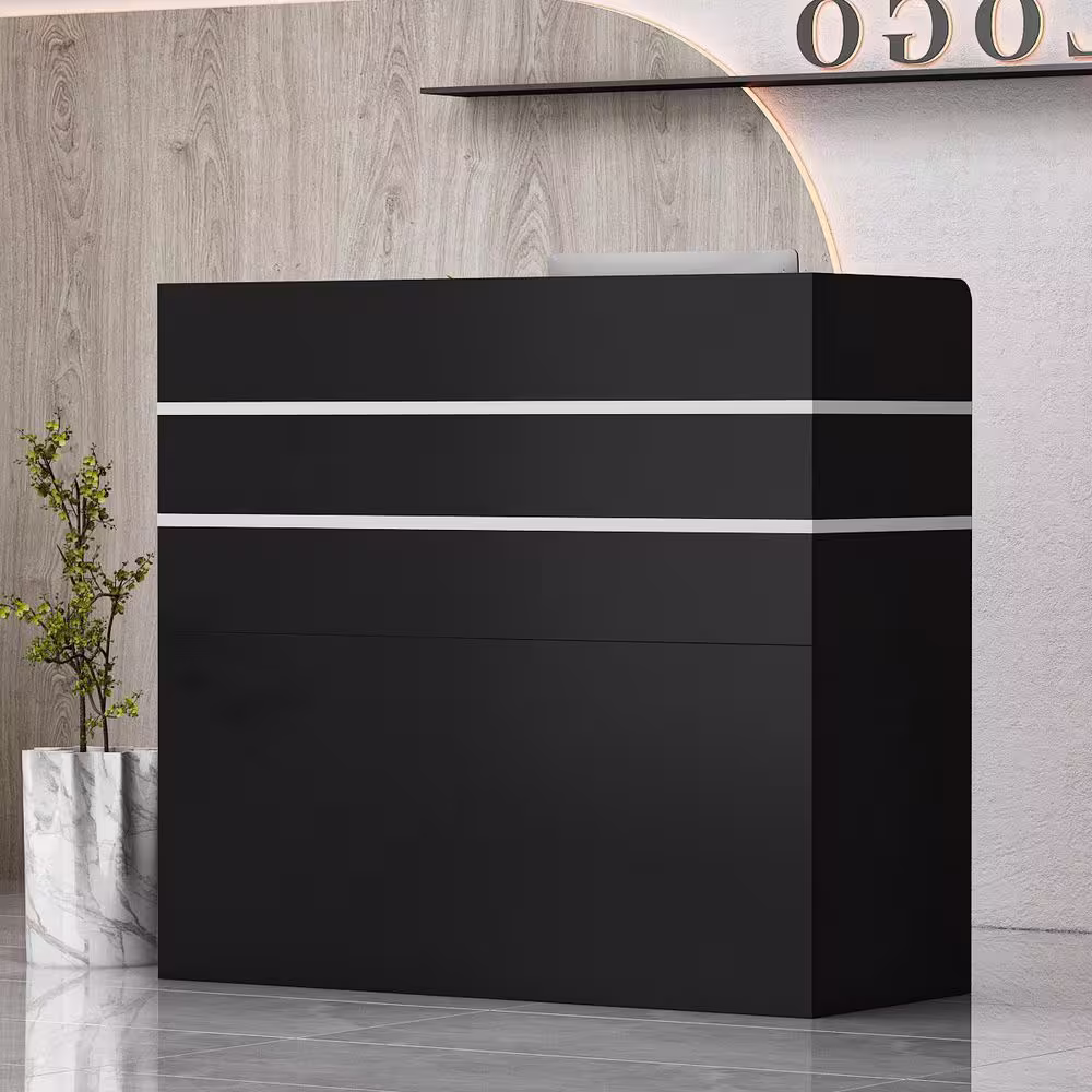 None 47.2 in. L Rectangle Black Wood Computer Gaming Desk Reception Desk Executive Writing Workstation with Drawers, Cabinet