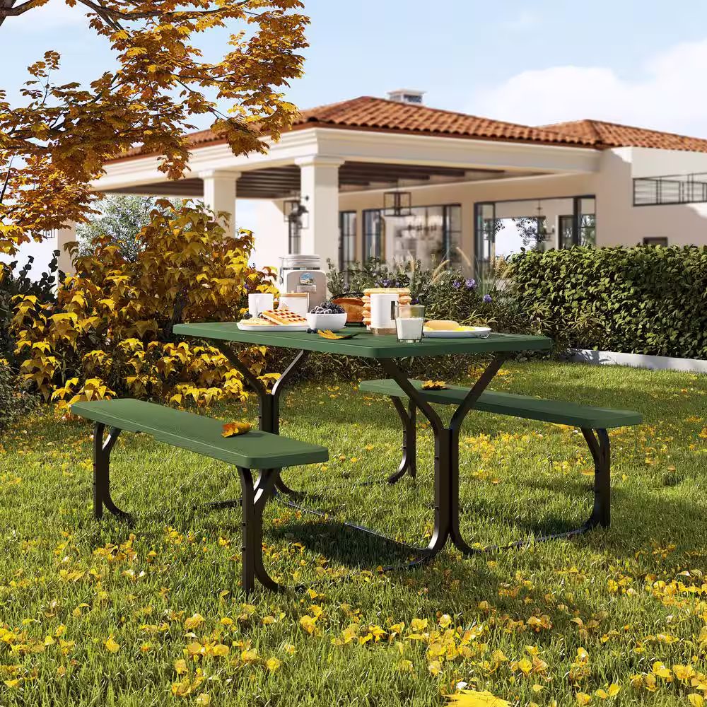 DEXTRUS 6ft. Green Outdoor Picnic Table and Bench with Umbrella Hole