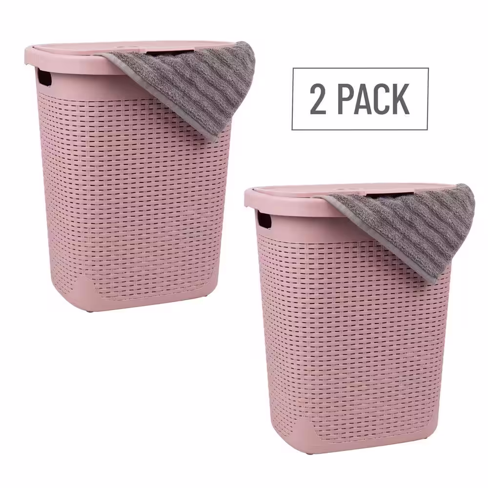Mind Reader Basket Collection, Slim Laundry Hamper, 50 Liter (15kg/33lbs) Capacity, Attached Hinged Lid, Set of 2, Pink