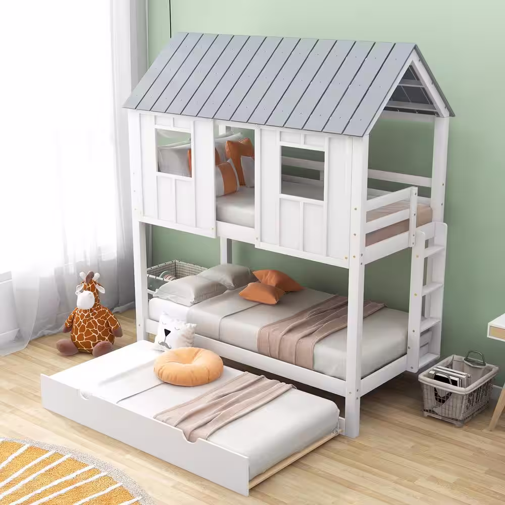 Harper & Bright Designs White Twin over Twin Wood House Bunk Bed with Trundle, Ladder, Roof and Windows