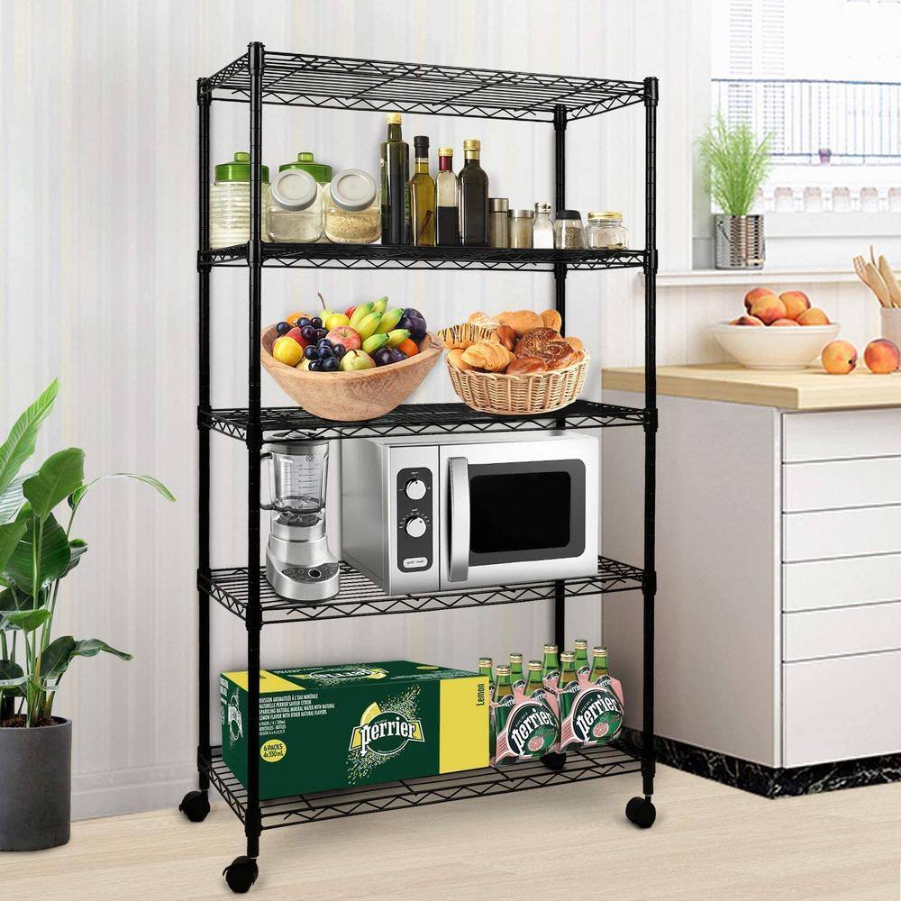 None Black 5-Tier Heavy-Duty Steel Wire Shelving Unit (29.37 in. L x 13.46 in. W x 60.8 in. H)
