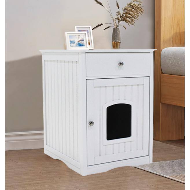 None Cat Litter Box Enclosure Hidden Litter Box Furniture Cabinet Cat House Side Table Large Pet Crate Nightstand in White