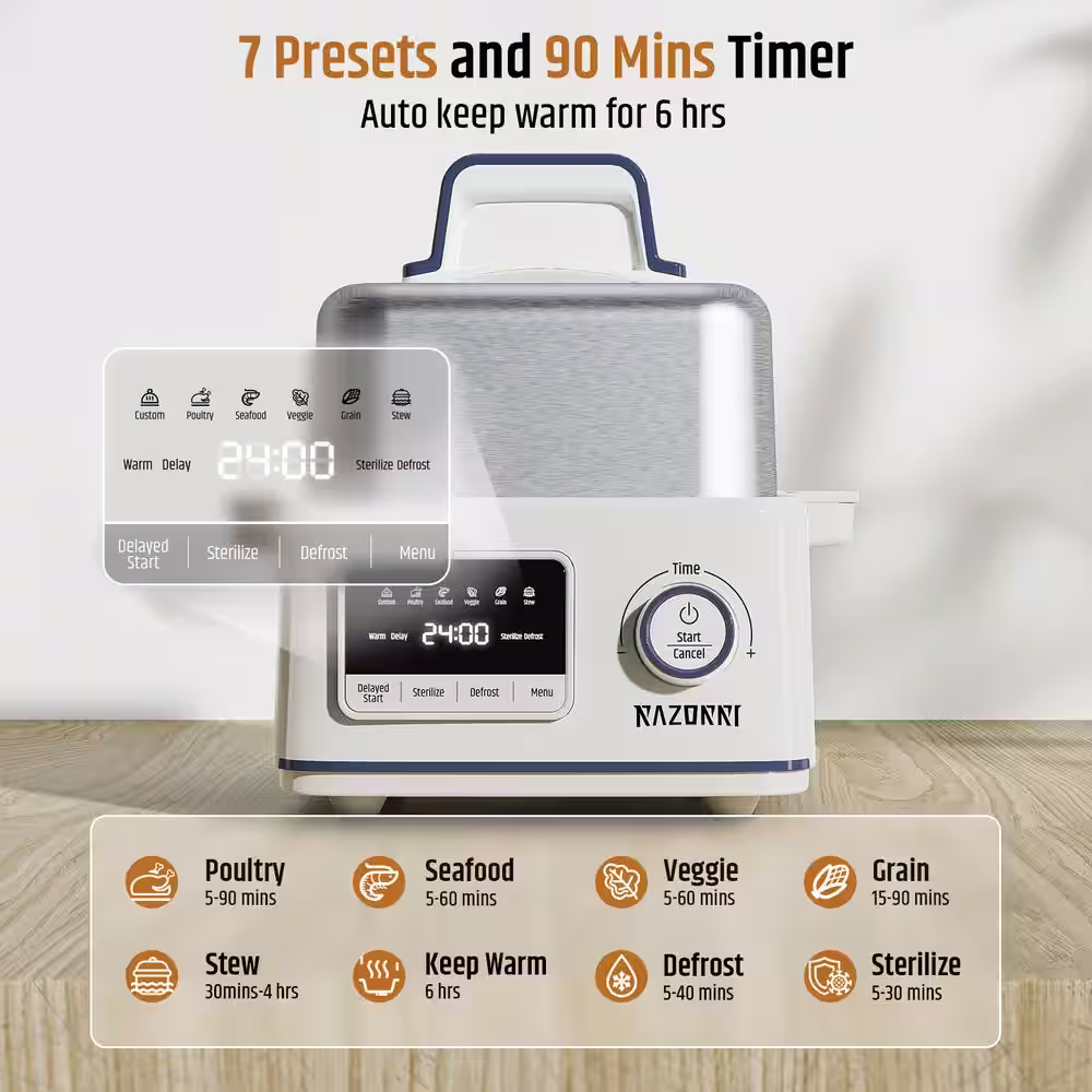None Electric Food Steamer 5-qt. Stainless Steel with Timer, 24H Delayed Start, Auto Keep Warm, 68 oz. Water Capacity 20-cups