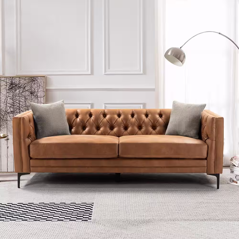 JAYDEN CREATION Eridu Comtemperary 84 in. Square Arm Faux Leather Button-Tufted design Tuxedo Rectangle Sofa in Camel