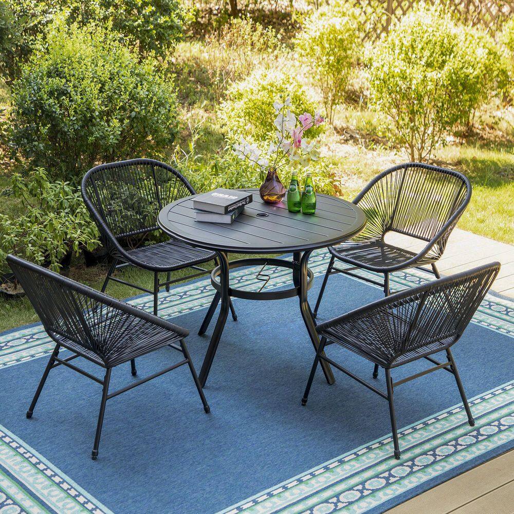 None Rattan 5-Piece Metal Outdoor Dining Set with Round Metal Table and Wicker Chairs