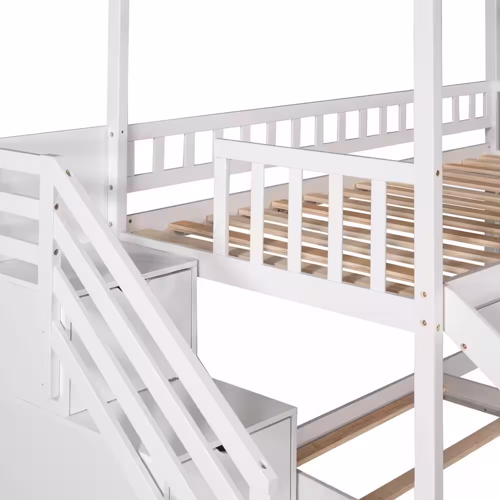 Harper & Bright Designs White Twin Over Twin Wood House Bunk Bed with 2-Drawers, Stairs and Slide