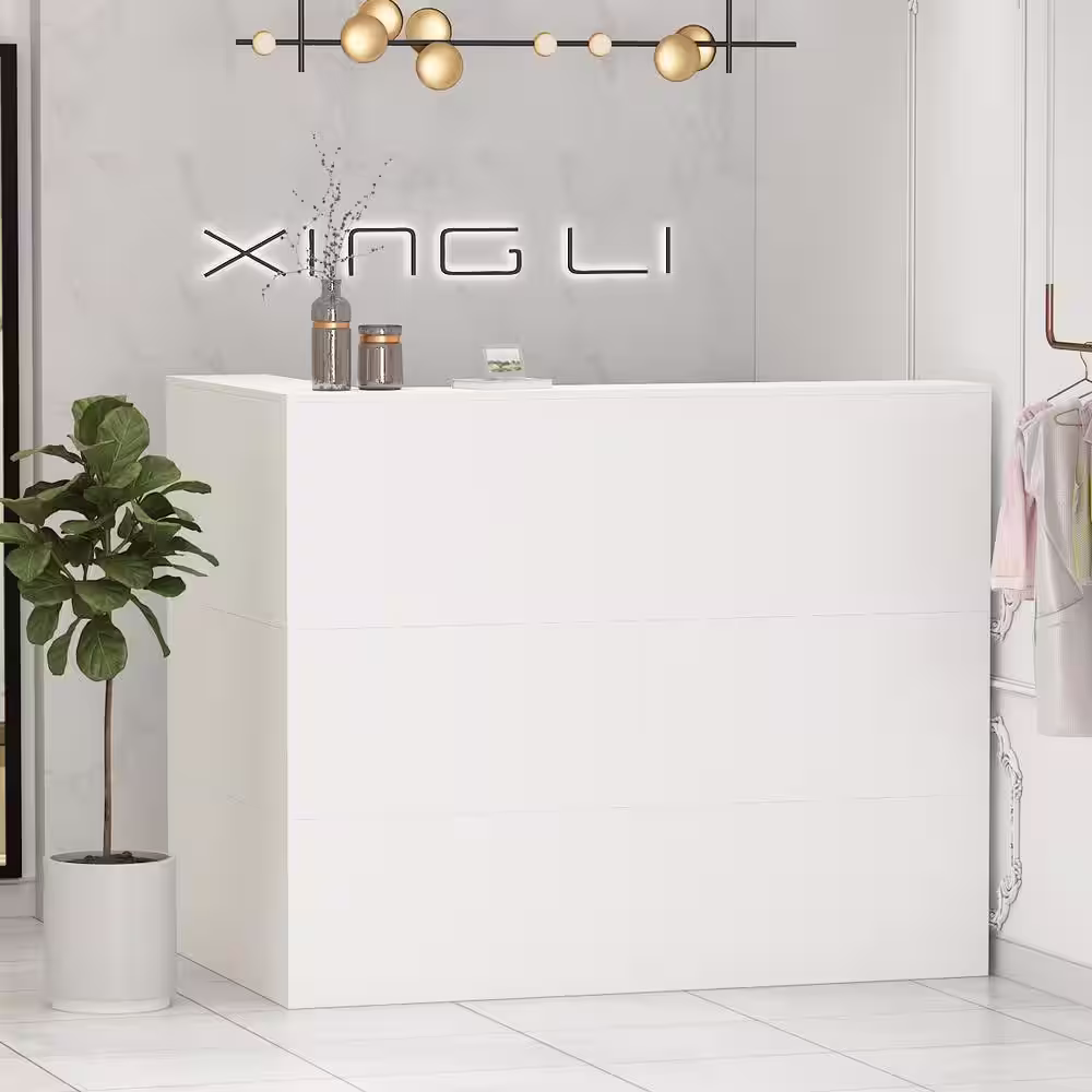 FUFU&GAGA 55.9 in. L Shaped White Wood Computer Desk with 5 Shelves, Drawer and Cabinet Writing Table Workstation Reception Desk