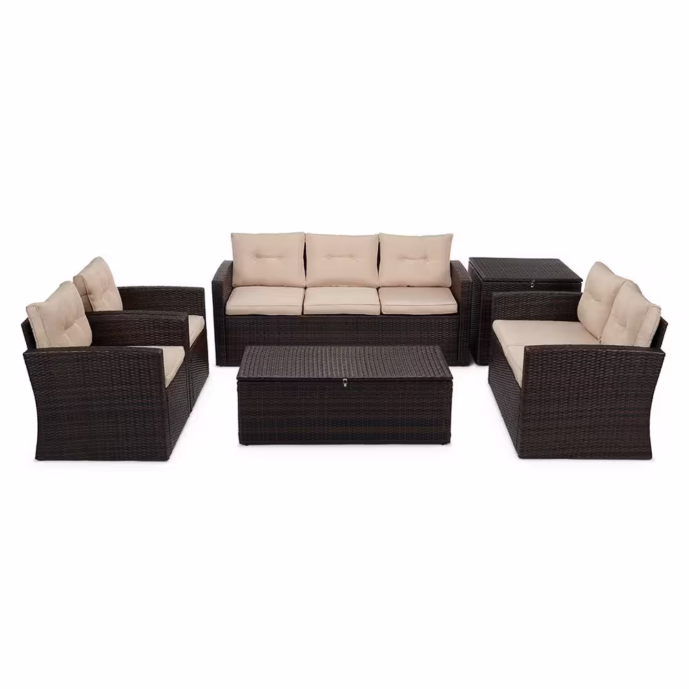 None 6-Piece Wicker Patio Conversation Set with Beige Cushions
