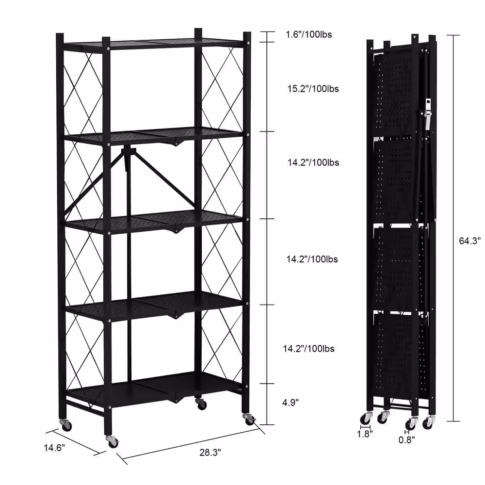 FUFU&GAGA 64.3 in. H Black Metal 10-Shelf Freestanding Standard Bookcase Foldable Metal Shelf Shelving Unit With Wheels