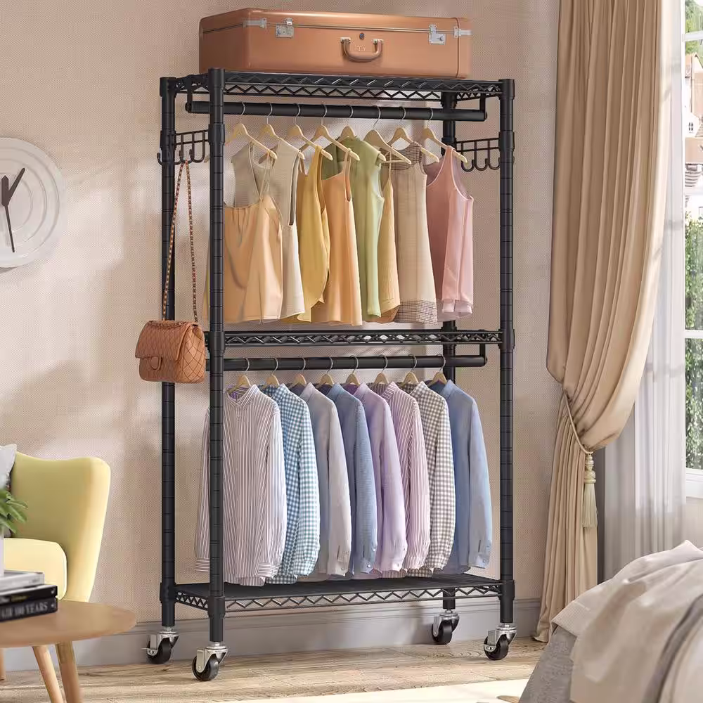 None Black Metal Garment Clothes Rack with Wheels 29.5 in. W x 76.8 in. H
