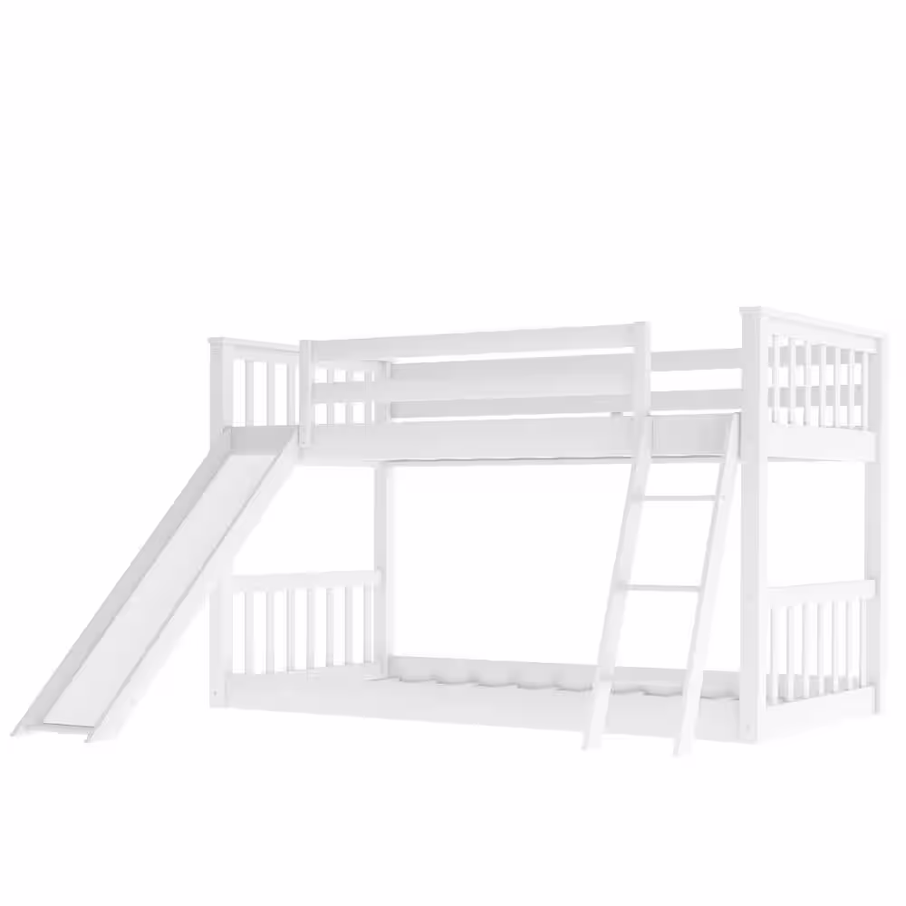 Harper & Bright Designs White Solid Wood Twin Over Twin Bunk Bed with Slide and Ladder