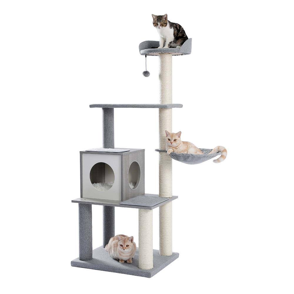 Foobrues Multi-Level Cat Tree Modern Cat Tower Wooden with Scratching Post Condo Hammock and Hanging Ball Grey