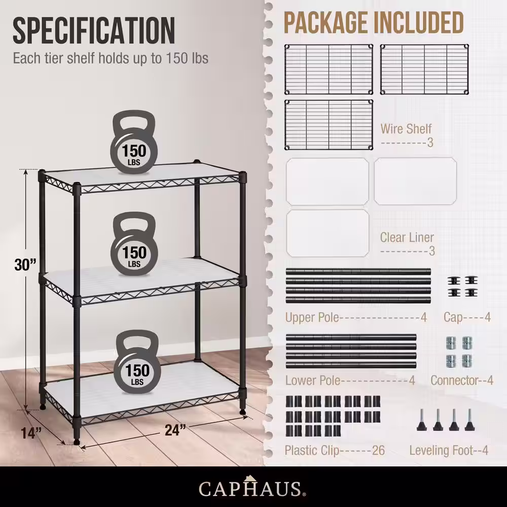 None Black 3-Tier Adjustable Height Welded Steel Garage Storage Shelving Unit with Liner (24 in. W x 30 in. H x 14 in. D)
