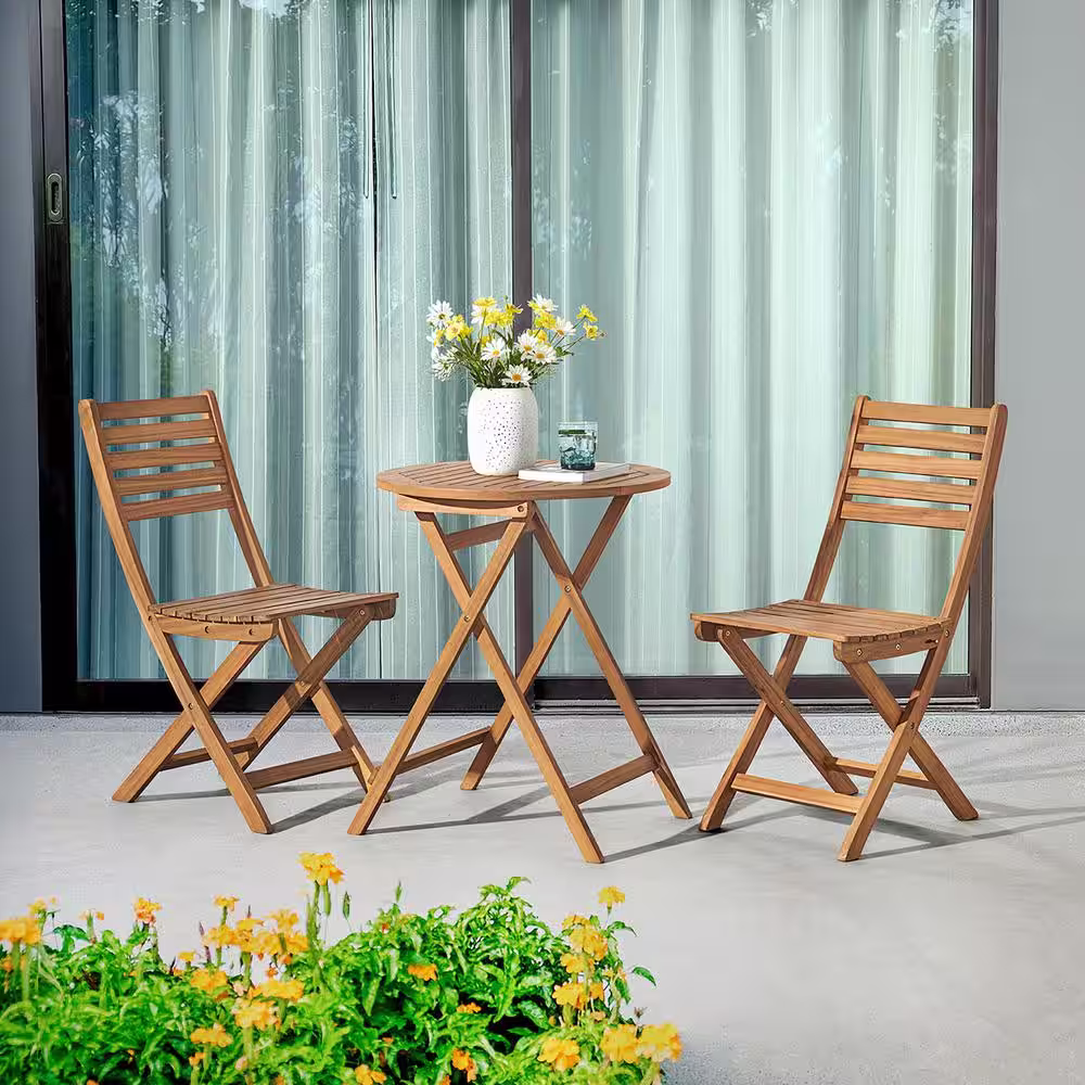 Alaterre Furniture Cabot Natural 3-Piece Wood Outdoor Folding Table and Chair Set