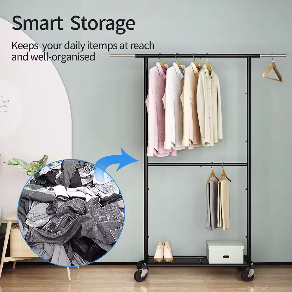 None Black Metal Extendable Garment Clothes Rack 30.5 in. W x 65 in. H