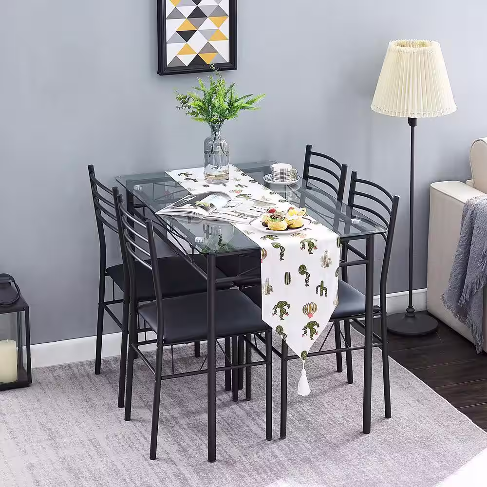 VECELO 5 Pcs Dining Table Set, Home Dining Table and 4 Chairs Set with Tempered Glass Tabletop Padded Seatï¼?3.3