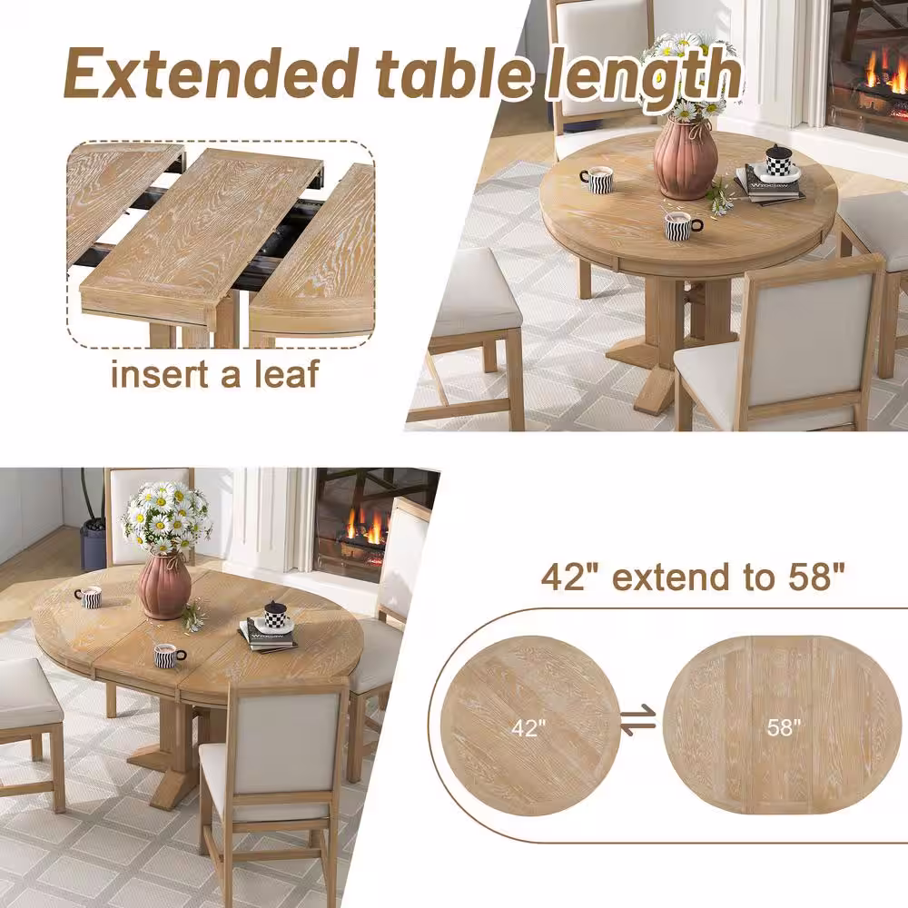 Harper & Bright Designs Farmhouse 5-Piece Natural Wood Wash Wood Top Extendable Round Dining Table Set with 4-Upholstered Chairs