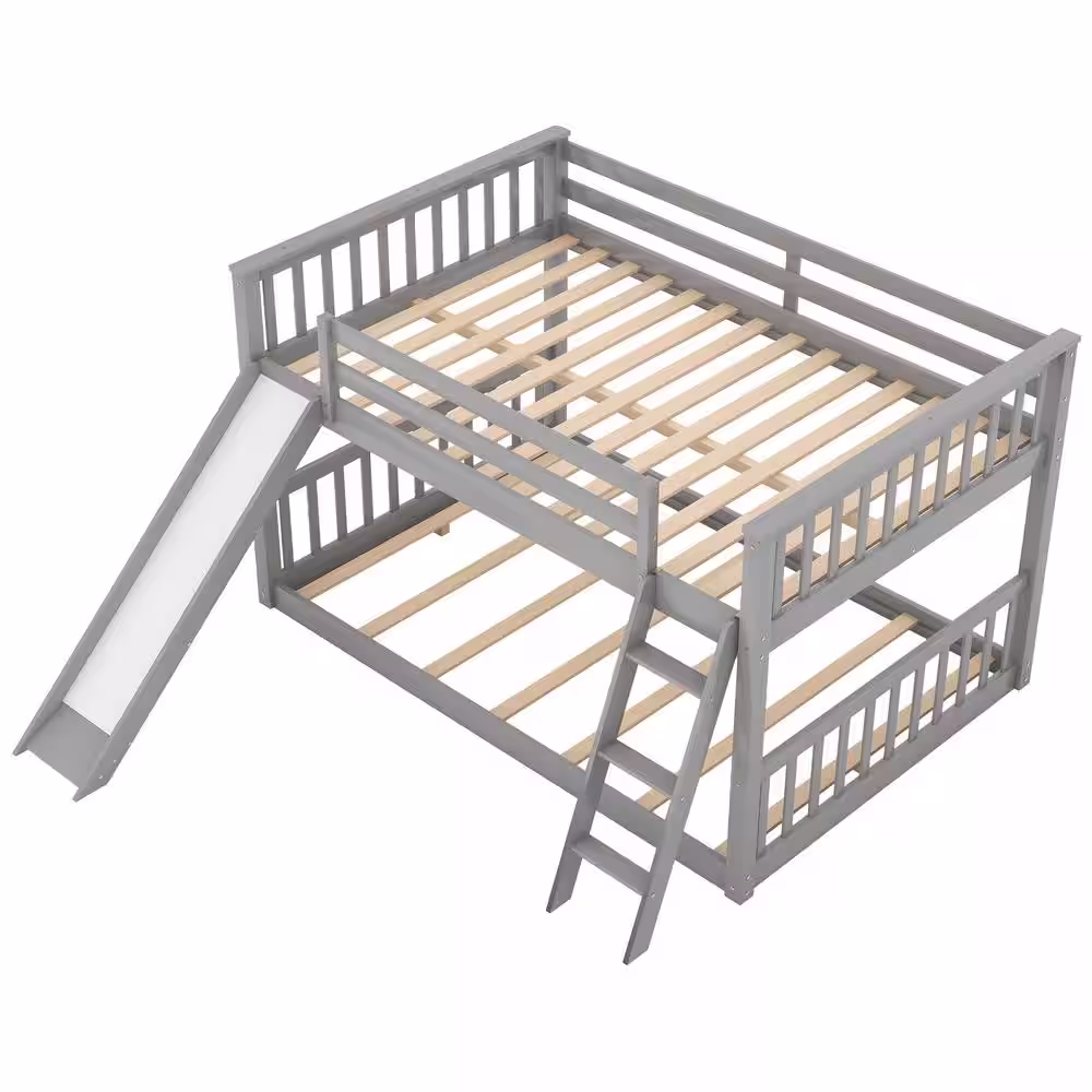 Harper & Bright Designs Classic Gray Full over Full Wooden Bunk Bed with Convertible Ladder and Slide