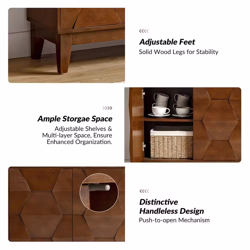 JAYDEN CREATION Kamis Modern Walnut 60 in. Hexagonal Embellishments Sideboard with Solid Wood Legs