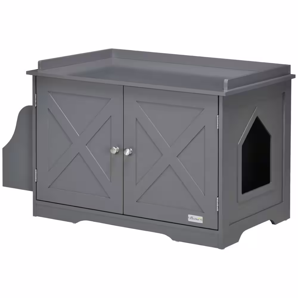 PawHut Hidden Litter Box Enclosure Cat Washroom Furniture with Storage, Adjustable Divider, Indoor Pet House Side Table, Grey