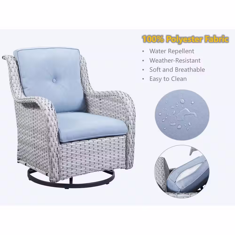 Gymojoy Carolina Light Gray 3-Pieces Wicker Patio Conversation Deep Seating Set with Olefin Baby Blue Cushions