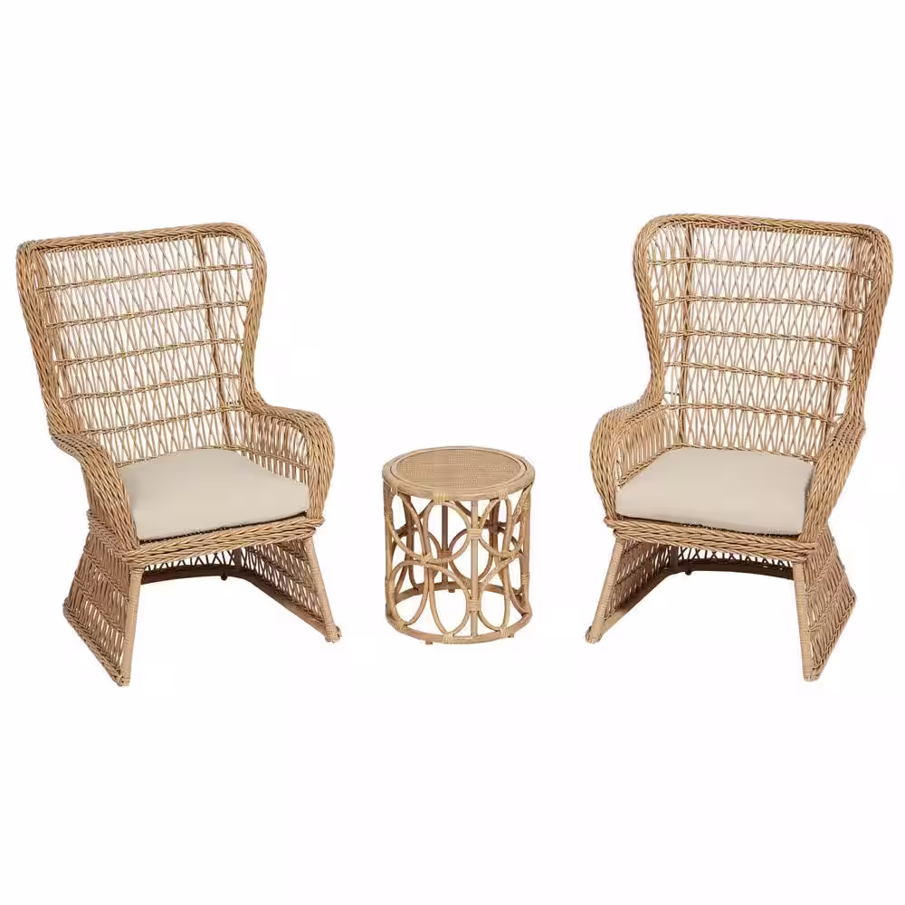 StyleWell Coco Breeze 3-Piece Brown Wicker Outdoor Seating Set with Beige Cushions